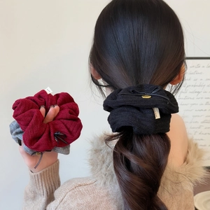 Vintage Knitted Ribbed Hair Scrunchie With Bow Knot Gold Cherry Pendant Hand Made Tag Elegant Hair Tie For Women