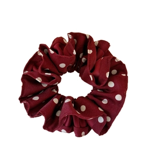 Elegant red polka dot ruffled hair scrunchie with soft chiffon fabric texture