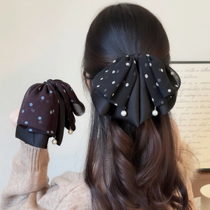 French Vintage Polka Dot Mesh Bow Hair Claw Elegant Chiffon Shark Clip With Artificial Pearl Pendant Hair Accessories For Women