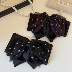Elegant black polka dot mesh bow hair claws with pearl pendants and chiffon details
