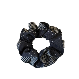 French style scrunchie with dark blue polka dots and blue-white plaid fabric design