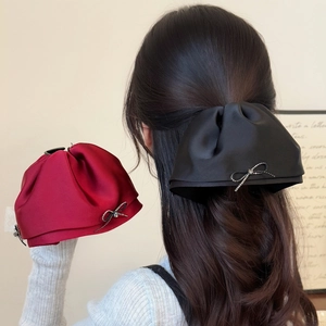 Elegant French Satin Bow Hair Claw Clip Satin Pleated Skirt Hem Clip Rhinestone Decorative Hair Accessory Women Headwear