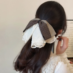French Lace Bow Hair Clip Embroidery Fabric Polka Dot Grid Pattern Faux Artificial Pearl Pendant Hair Accessory For Ponytail Women
