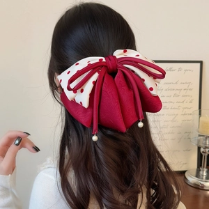 Pince à Cheveux Grand Nœud en Satin à Pois Rouges Vintage Français Avec Pendentif Künstliche Perle Artificielle Pour Femmes