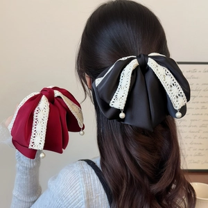Elegant Satin Lace Bow Hair Clip With Faux Artificial Pearl Pendant French Vintage Style Ponytail Clip For Women Hair Accessories