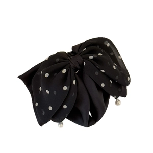 Elegant black polka dot mesh bow hair claw clip with pearl pendants for women
