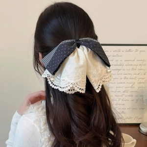 Elegant French lace bow hair clip with black polka dots and pearls for women