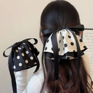 Pince à Cheveux Élégante à Nœud à Pois en Tissu Satiné Style Français Grande Griffe Avec Long Ruban pour Femmes