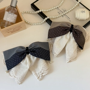 French lace bow hair clips in navy blue and brown with pearl accents for women