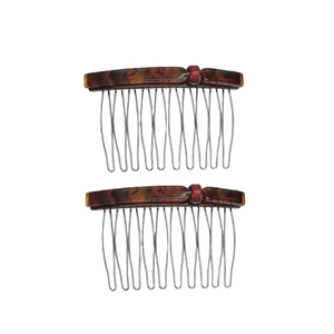 Two-piece vintage tortoiseshell acetate hair combs with 10-tooth metal side pins