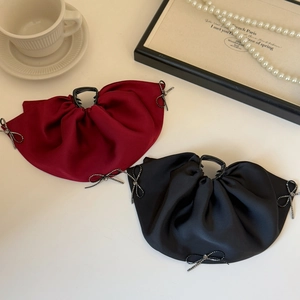 Elegant satin bow hair claw clips with rhinestone charms in burgundy and black