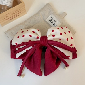 Barrette à cheveux élégante à double nœud rouge avec pois et perles suspendues