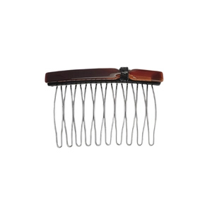 Detailed view of tortoiseshell resin hair comb with 12-tooth silver metal wire tines