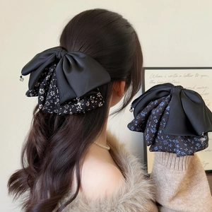 Vintage Sweet Floral Bow Hair Clip Long Ribbon Ponytail Holder Satin Fabric Double Layer Hairpin With Rhinestone Pendant For Women