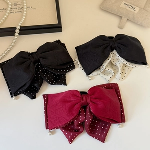 French vintage polka dot bow hair clips with silk fabric and pearl pendants set