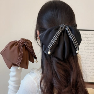 Elegant Large Satin Bow Hair Clip With Houndstooth Pattern And Faux Artificial Pearl Pendant For Women Vintage Style Hair Accessory
