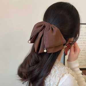 Elegant large brown satin bow hair claw with houndstooth trim and pearl charms