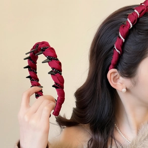 Elegant Wine Red Fabric Wrapped Hairband With Non-slip Teeth Artificial Pearl Bead Embellished High Crown Headband For Women Styling