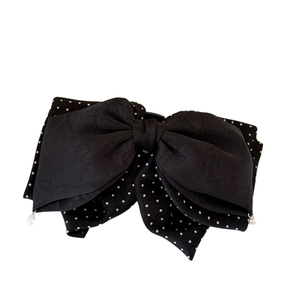 Elegant Korean style polka dot bow hair claw clip with black fabric and pearl accents