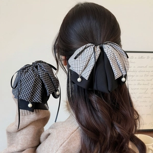 French Vintage Plaid Bow Hair Clip Large Layered Fabric Hair Claw With Artificial Pearl Tassel Ribbon Elegant Headpiece For Women