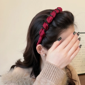 Elegant wine red braided headband with crystal beads for high skull top styling