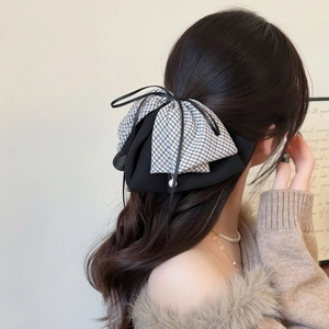 French style plaid bow hair claw clip with black ribbon and pearl pendant for women