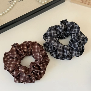Classic plaid scrunchie set in coffee and grey, 2-piece preppy style hair accessories