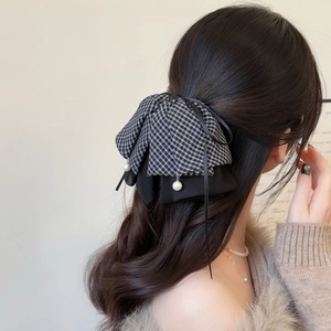 French style plaid ribbon bow hair claw clip with pearls for women's half-up hairstyle