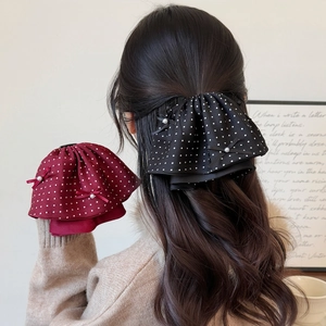 Elegant Polka Dot Bow Hair Claw Clip For Women Vintage Skirt Style Fabric Ponytail Clip With Artificial Pearl Hair Accessory