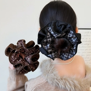 Korean Style Oversized Plaid Scrunchies Double Layer Pleated Hair Ties Handmade Large Elastic Fabric Ponytail Holder For Women