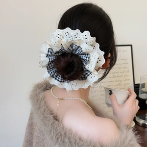 Elegant lace scrunchie with black and white plaid pattern for women hair accessories