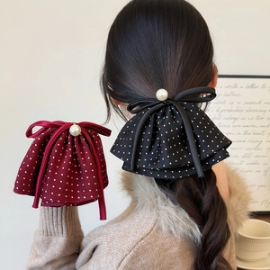 Vintage Polka Dot Bow Hair Clip For Women French Style Large Fabric Ribbon Claw Clip With Faux Artificial Pearl Hair Accessories