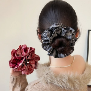 Plaid Scrunchie For Women Preppy Style Check Hair Tie With Bow Print Double Layer French Elegant Fabric Hair Accessories