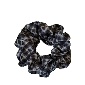Classic black and grey plaid scrunchie with cotton texture for college style hair styling