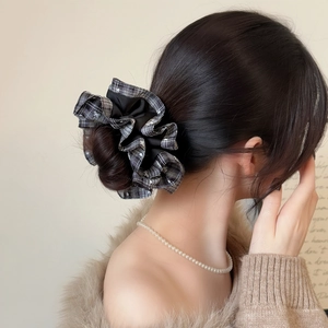 French style plaid scrunchie with layered black fabric and vintage checkered pattern