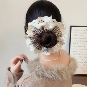 French lace plaid scrunchie for women shown on high bun hairstyle for vacation look