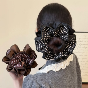 Elegant satin hair scrunchies with square patterns and tiered edges in black and brown