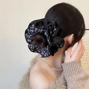Large Korean-style layered scrunchie with black white plaid and satin fabric textures