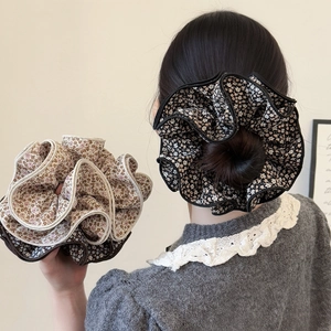 Rural Style Floral Fabric Scrunchie Four Layer Overlocked Edge Elegant Korean Ruffled Elastic Hair Tie For Women Daily Jewelry