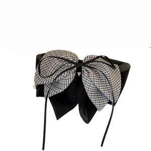 French vintage plaid layered bow hair claw with black ribbons and small pearl detail