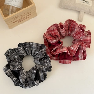 Maillard style plaid hair scrunchie set with white bow prints and double-layered pleats
