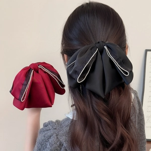 French Elegant Large Satin Bow Hair Clip For Women Rhinestone Edging Ponytail Clip Retro Sweet Hair Accessories For Daily Party