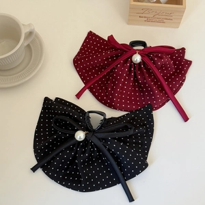 French vintage polka dot bow hair clips with pearls and long tassels in red and black