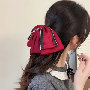 French style red satin bow hair claw with sparkling rhinestones and lace edge