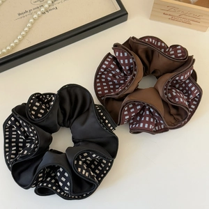 Elegant large satin scrunchies with square pattern accents in black and brown colors
