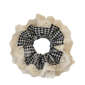 French style double-layer lace scrunchie with black white plaid and floral embroidery