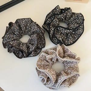 Three-piece set of floral scrunchies with pleated edges in vintage pastoral styles
