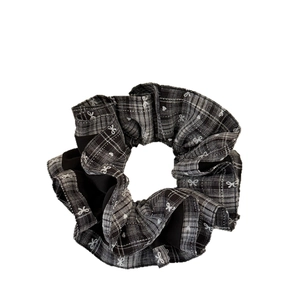 Classic black and white plaid scrunchie with cute mini bow prints and ruffled fabric edges