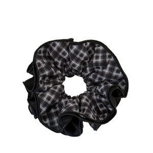 Elegant four-layer checkered hair scrunchie with classic black and white wave edges