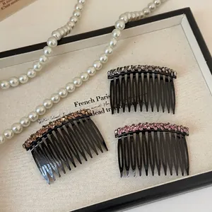 Three-piece rhinestone side hair comb set with black resin base and sparkling crystals